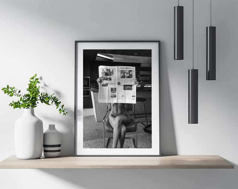 Naked Woman Reading Newspaper Print Black and White Feminist Poster, Printable Bathroom Wall Art