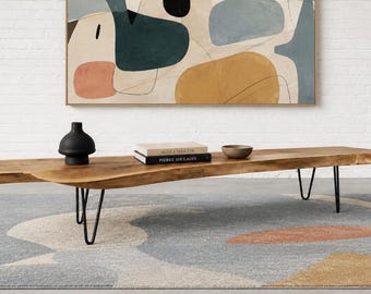 Extra Long Sculptural Live Edge Wood Bench or Long Coffee Table Hairpin Legs