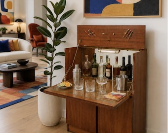 Mid Century Modern Teak Dry Bar Cabinet | Mirrored Home Bar with Drop-Down Serving Surface, c. 1960’s