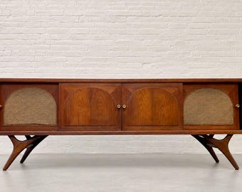 Long + Low Mid Century Modern Walnut and Cane Credenza | Sculptural Kagan Style Wishbone Leg Sideboard, c. 1960's