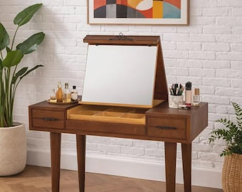 Mid Century Oak Lift-Top Vanity with Tilting Mirror | Small Desk Entryway Table, 1950’s