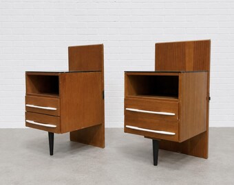 Pair of Mid Century Modern Floating Nightstands + Black Glass Tops by Mojmir Pozar for UP Zavody, c. 1950s
