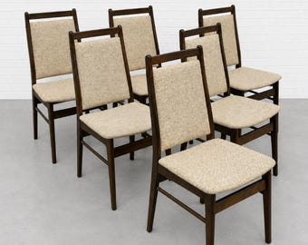 Set of Six Vintage Mid Century Modern Walnut Dining Chairs by Svegards | Scandinavian Mid Century Modern, c. 1960's