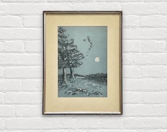 Mid Century Blue Landscape Painting | Framed Original Artwork