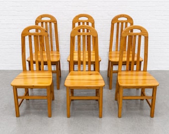 Set of 6 - Vintage Solid Wood Slat Back Dining Chairs – Scandinavian Minimalist Chairs | Modern Farmhouse Seating