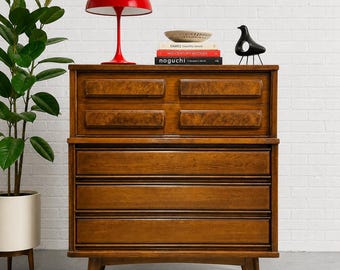 Mid Century MODERN Walnut DRESSER by United Furniture Co. | Burled Drawers | Refinished Storage 1960's