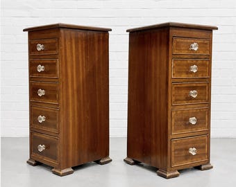 PAIR of Federal Style Narrow Mahogany Dressers | 1920's Skinny Nightstands Glass Knobs