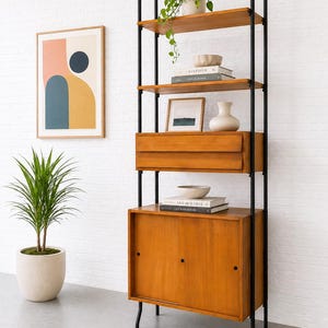 Vintage Italian Mid Century Modern Teak Wall Unit Bookcase – Wall Shelving with Sliding Door Cabinet & Drawers, c. 1950’s