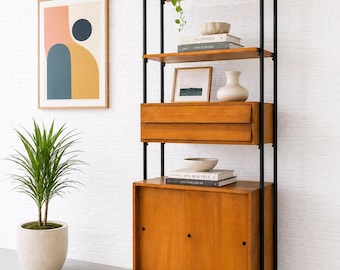 Vintage Italian Mid Century Modern Teak Wall Unit Bookcase – Wall Shelving with Sliding Door Cabinet & Drawers, c. 1950’s