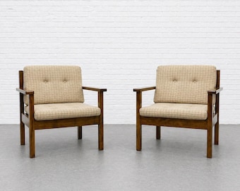 Pair - Mid Century Modern Lounge Chairs | Solid Wood Frame Armchairs | Vintage Upholstered Walnut Chairs, c. 1960’s