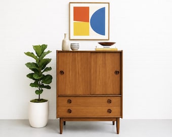 Mid Century Modern Teak Cabinet / Danish Modern Armoire / Sliding Door Highboy Dresser / Vintage Scandinavian Storage Cabinet, c. 1960’s