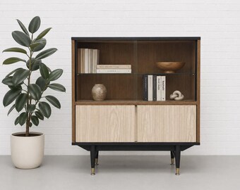 Mid Century Modern Display Cabinet | Walnut & Melamine Bookcase by Berry Furniture, Made in England, c. 1960’s