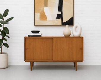 Mid Century Modern Oak Sliding Door Credenza – Danish Modern Storage Cabinet, c. 1960’s