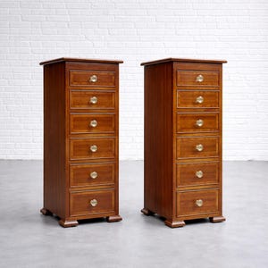 PAIR of Federal Style Narrow Mahogany Dressers | 1920's Skinny Nightstands Glass Knobs