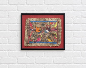 Framed Folk Art Bird Painting on Textured Paper | Colorful Floral Wall Art, c. 1960’s