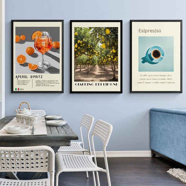 3er Poster Set | Italienische Poster mit Aperol Spritz, Espresso, Zitronen | mediterrane Bilder | gerahmte Poster