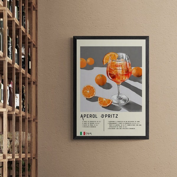 Aperol Spritz Poster, Küchenwandbild, Esszimmer Deko, mit Rezept aus Italien, gerahmte Poster oder rahmenlos,