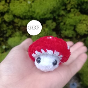 May include: A small, red and white crocheted mushroom with black eyes. The mushroom is being held in a person's hand.