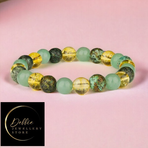 Pulsera Triple Suerte y Prosperidad, Citrino, Aventurina Verde, Turquesa Africana, Cristal de Buena Suerte