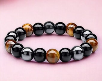 Pulsera de triple suerte de prosperidad, pulsera de piedra de ojo de tigre de obsidiana negra hematita, triple protección, pulsera de buena suerte