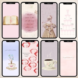 May include: Set of 8 phone wallpapers with a pink and purple colour scheme. The wallpapers feature various images including a book, a cup of coffee, a woman in a dress, and a champagne tower.