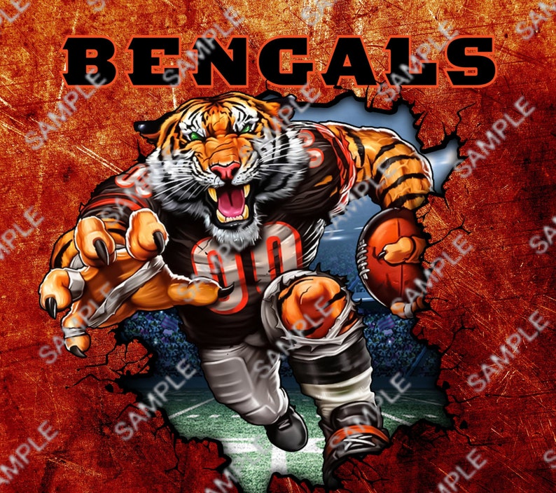 May include: A cartoon tiger wearing a football uniform with the number 90 on the front. The tiger is breaking through a cracked wall with the word "BENGALS" above it. The background is a red and orange color.