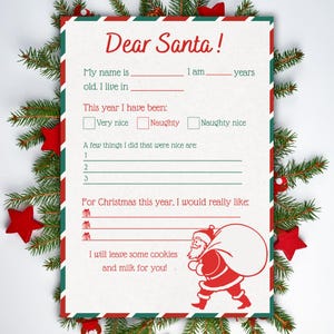 Carta a Papá Noel para imprimir / Lista de deseos de Papá Noel / Imprimible navideño para niños / Actividad navideña / Descarga digital