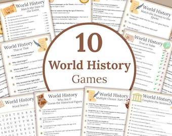 Världshistoriskt spelpaket | 10 utskrivbara pedagogiska aktiviteter | Digital nedladdning | Roliga historiearbetsblad för barn, tonåringar och vuxna