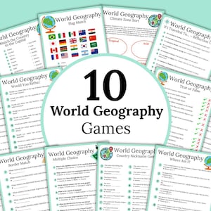 World Geography Game Bundle – 10 Printable Educational Activities | Digital Download | Fun Geography Worksheets for Kids, Teens & Adults
