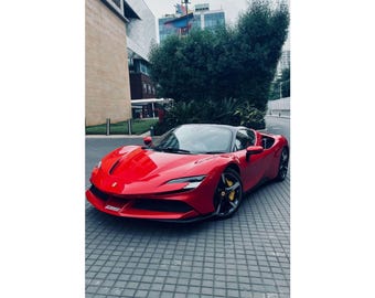 Posters de voitures, voiture rouge Ferrari SF90 Stradale, impression d'art mural vertical mat, décoration automobile, cadeau pour amateur de course automobile, affiche de voiture de sport, maison