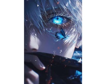 Impression d'affiche verticale papillon bleu anime, impression d'art Gojo JJK, art mural mat, décoration de chambre, affiche d'anime japonais, cadeau pour les fans d'anime