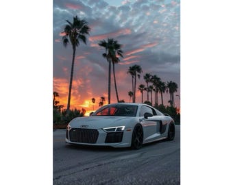 Affiche verticale, Audi R8 blanc sur fond de palmiers, décoration automobile, impression d'art mural, cadeau pour amateur de voiture, décoration de bureau à domicile, décoration unique