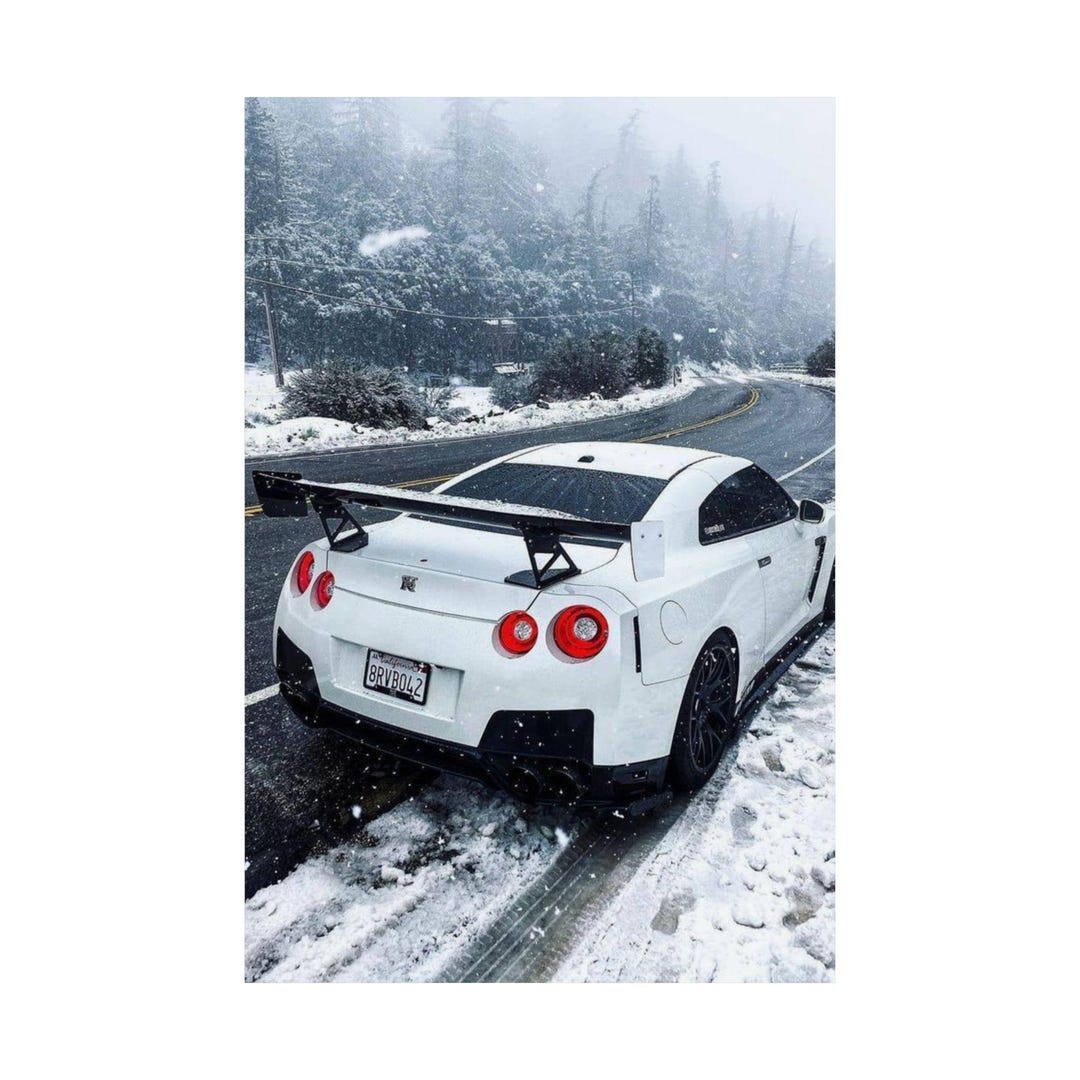 Car Poster, White Nissan GTR in Snow, Matte Vertical Art Print, Car ...