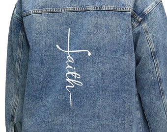 Faith Vintage Bible Verse Christian Jean Jacket, Boho Religious Jean Jacket Jesus Inspirational Faith Hope Love Gift, Jesus Faith Script Top