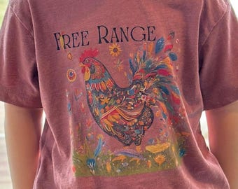 Toddler Tee Funny Kids Shirt with &#39;free range&#39; & Folk Art Rooster, Chicken, Farm Animal Theme, Children&#39;s Clothing, Unisex toddler