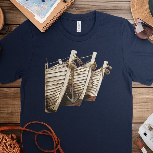 Vintage Nautical Anchor and Wooden Boat Design T-Shirt, Stylish Sailor Graphic Tee, Unique Maritime Apparel