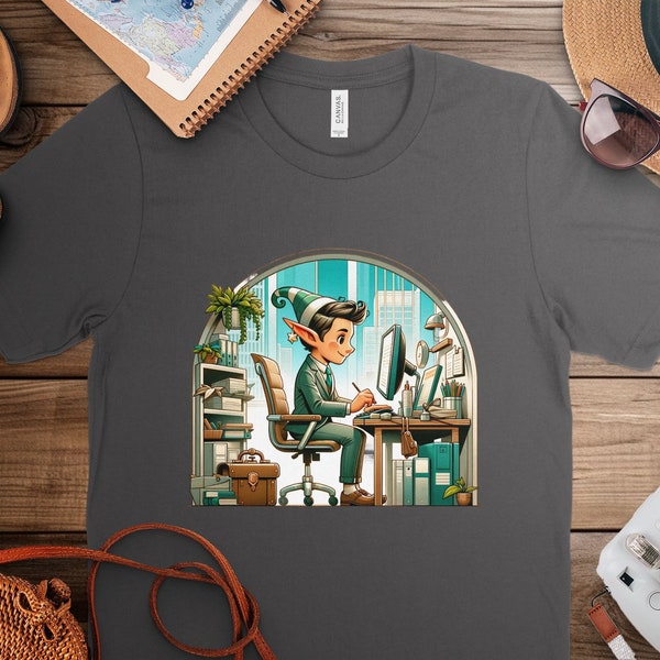 Whimsical Elf Office Worker T-Shirt, Cute Fantasy Artwork Tee, Unique Geeky Work Attire, Unisex Graphic Shirt