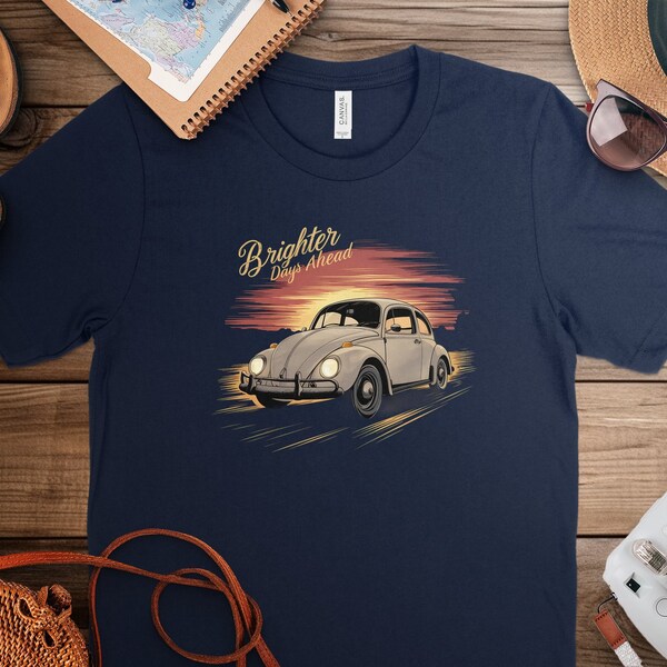 Vintage Car Brighter Days Ahead Graphic Tee, Sunset Nostalgic Classic Car T-Shirt, Unisex Retro Style Apparel