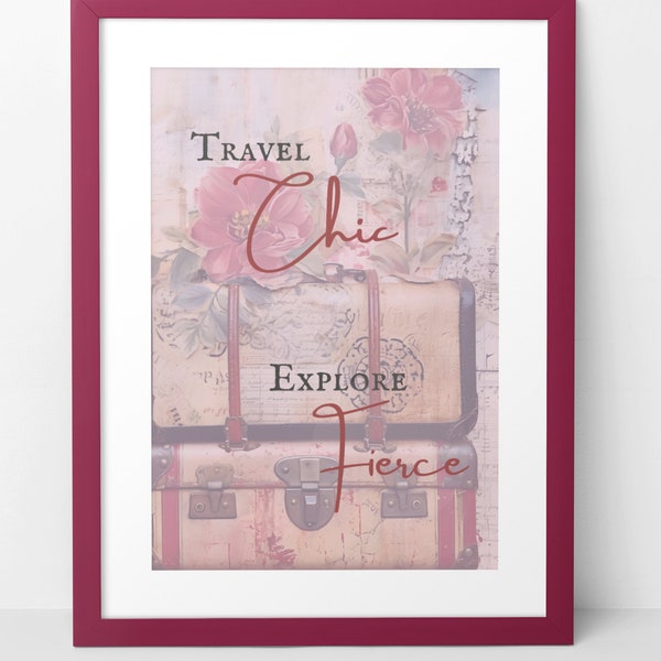 Romantic Travel digital download, aesthetic cute chic poster, pretty floral vintage art, trendy minimalistic inspirational printable art