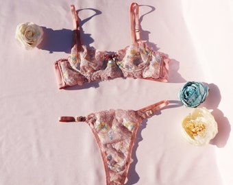 Floral Pastel Lace Lingerie Set, Embroidered Lingerie Set, Mesh Bra , Cute Underwear Set
