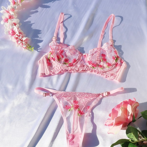 Floral Pink Lace Lingerie Set, Embroidered Lingerie Set, Mesh Bra , Cute Underwear Set