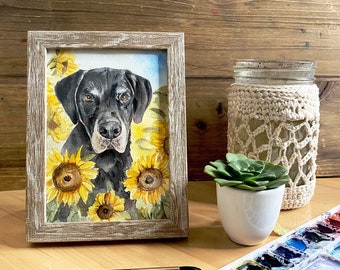 Mini Custom Watercolor Pet Portrait, Sunflowers Pet Portraits from Photos, custom dog painting, cat portrait custom painting, framed art
