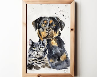 Pet Memorial Gift, Personalized Pet Portrait, Three Pet Custom Watercolor Portrait,Pet Memorial Gift,Custom Pet Painting