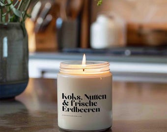 Koks, Nutten & frische Erdbeeren Kerze | Lustige Duftkerze, freche Geschenkidee, provokante Spruchkerze, Statement Deko, Handmade Sojawachs