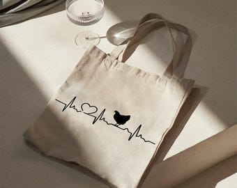 Borsa in cotone Heartbeat Chicken, borsa in tessuto beige, borsa per la spesa sostenibile, motivo animale, regalo per amanti dei polli