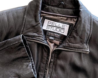 Vintage Leather Belted Jacket Womens Size L Wilsons Pelle Studio Black Full Zip