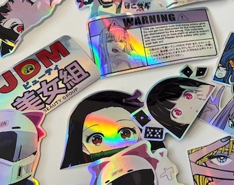 32 pegatinas holográficas de anime, manga, waifu, JDM para coche (sin duplicados)