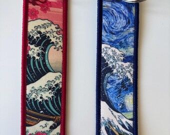 Japanese Style Wave Double-sided Embroidered Jet Tag Keychain
