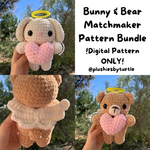 May include: A crochet pattern bundle for making a bunny and bear amigurumi plush toy. The bunny and bear are holding pink hearts and have halos. The pattern is digital only. The text on the image reads "Bunny & Bear Matchmaker Pattern Bundle !Digital Pattern ONLY! @plushiesbyturtle"