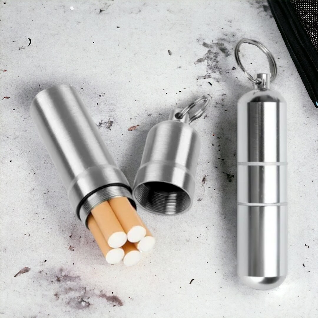 Silver Waterproof Cigarette Case With Keychain Men's Gift Capsule Shape ...